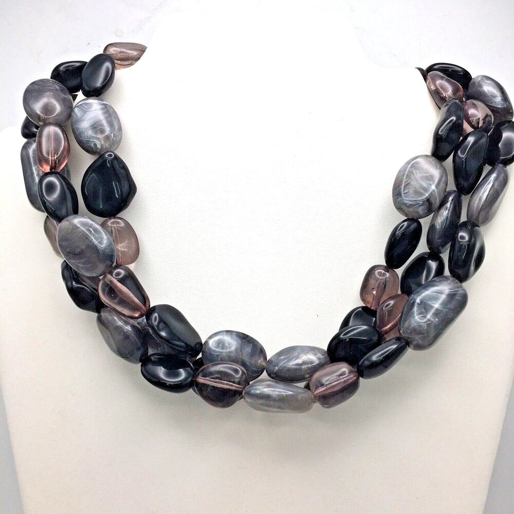 Acrylic Faux Stone Layered Necklace Iridescent Gray Black Smoky Quartz